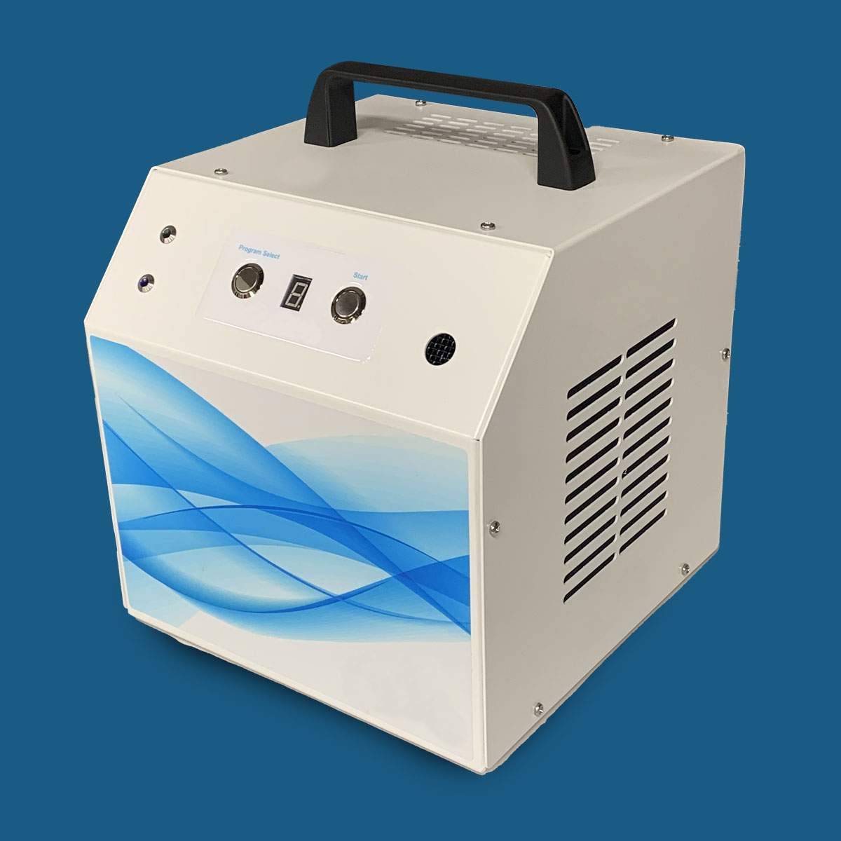 Premier Unit portable ozone generator product against blue background.