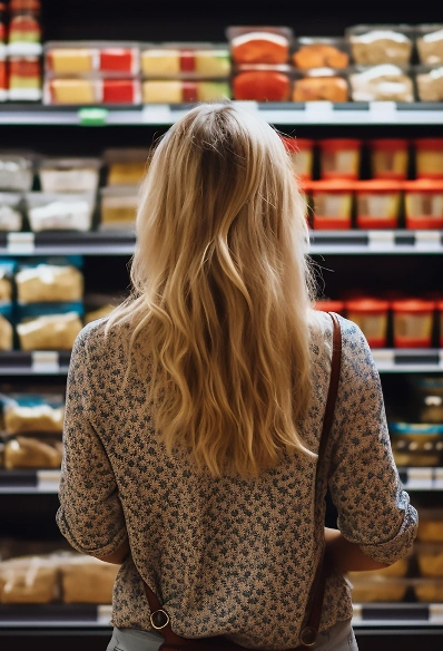 A blonde-haired woman is pictured standing from behind in a supermarket browsing shelves stocked with produce