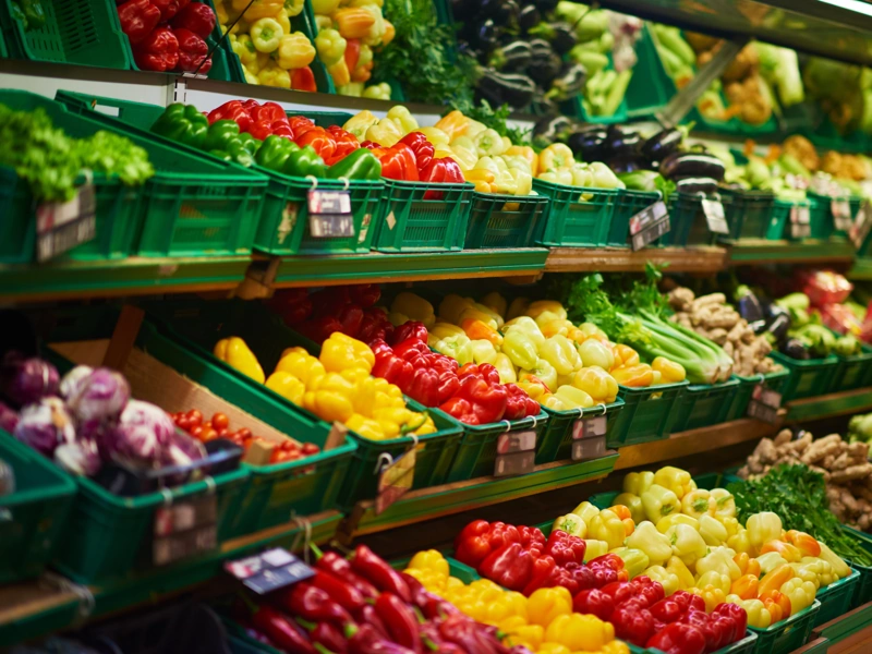 Supermarket shelves stacked with colourful fruit and vegetables in green plastic baskets.