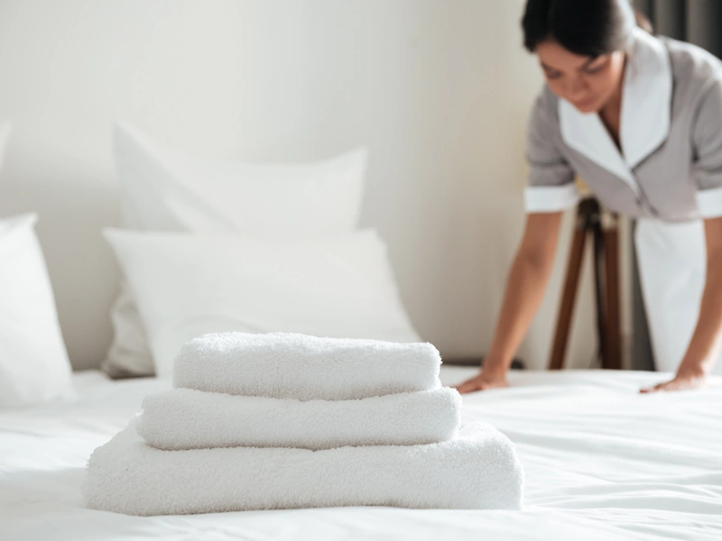 Young woman with dark hair wearing a smart hotel uniform makes up bed in hotel room. There are white towels neatly piled up in the foreground on the bed.