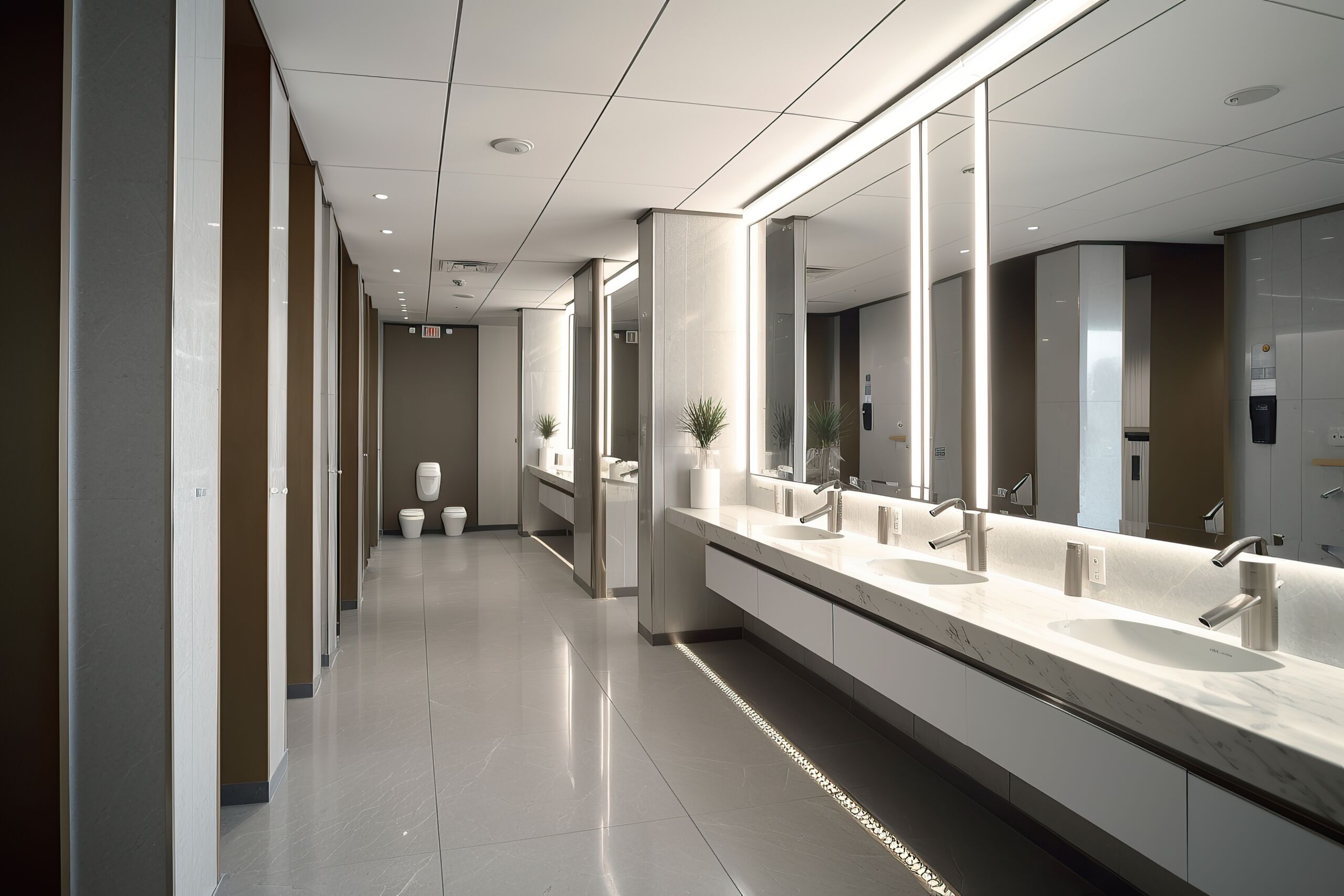 Modern restroom interior decoration in the public building. Created with Generative AI technology.